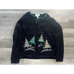 Vtg Talbots Christmas Cardigan Sweater Black Embroidery Trees Beads Cotton Sz S